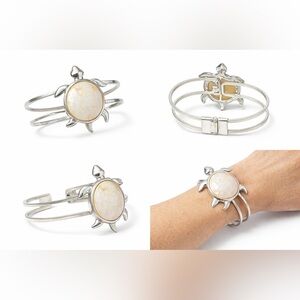 Vintage hinged bangle bracelet shell inlay tortoise / nautical / silver tone 🐢